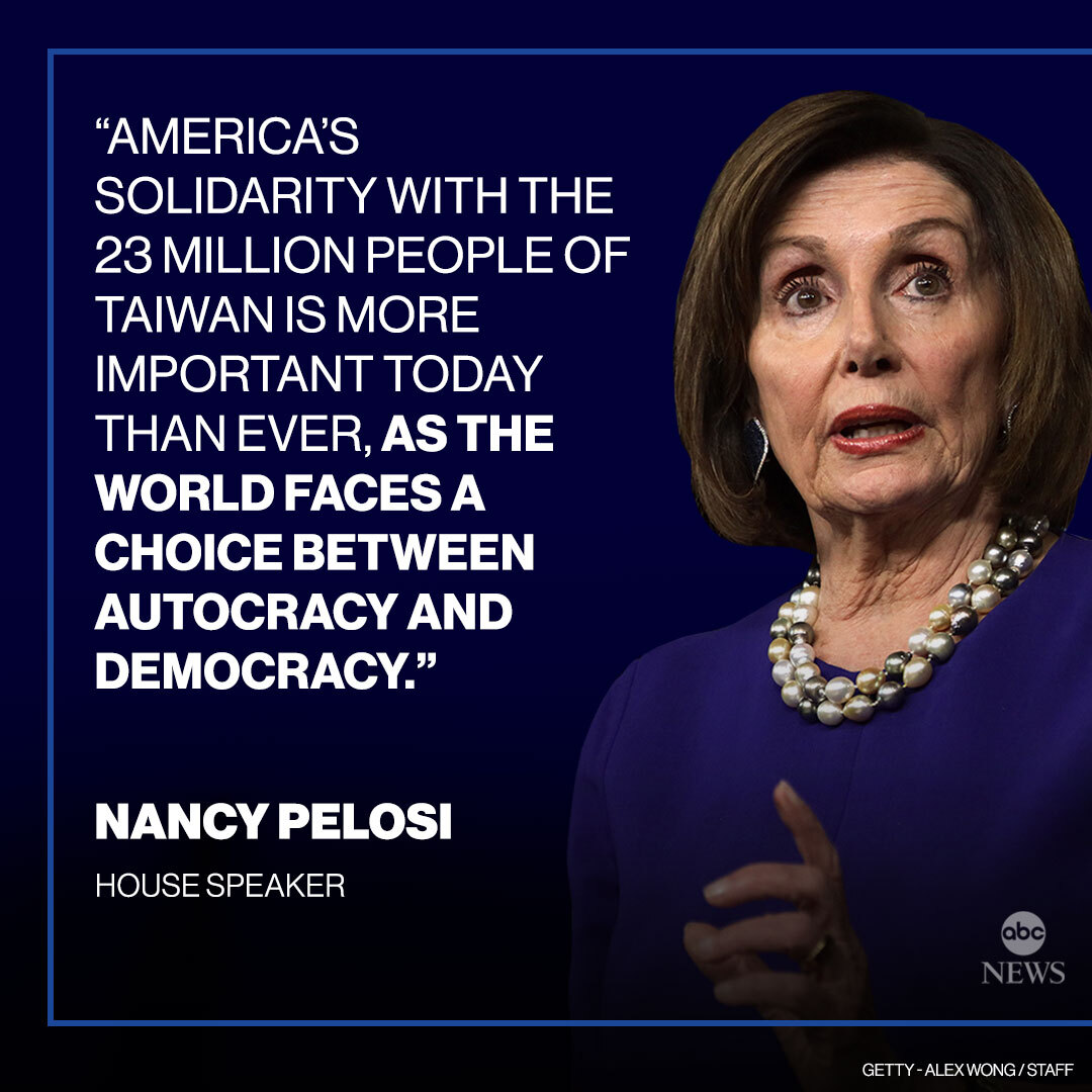 ABCPolitics's tweet photo. Speaker Nancy Pelosi issues statement after landing in Taiwan despite warnings from mainland China.

“Our visit is one of several Congressional delegations to Taiwan – and it in no way contradicts longstanding United States policy.” https://t.co/OHfeLpi1lX https://t.co/OLHmbV6gbT