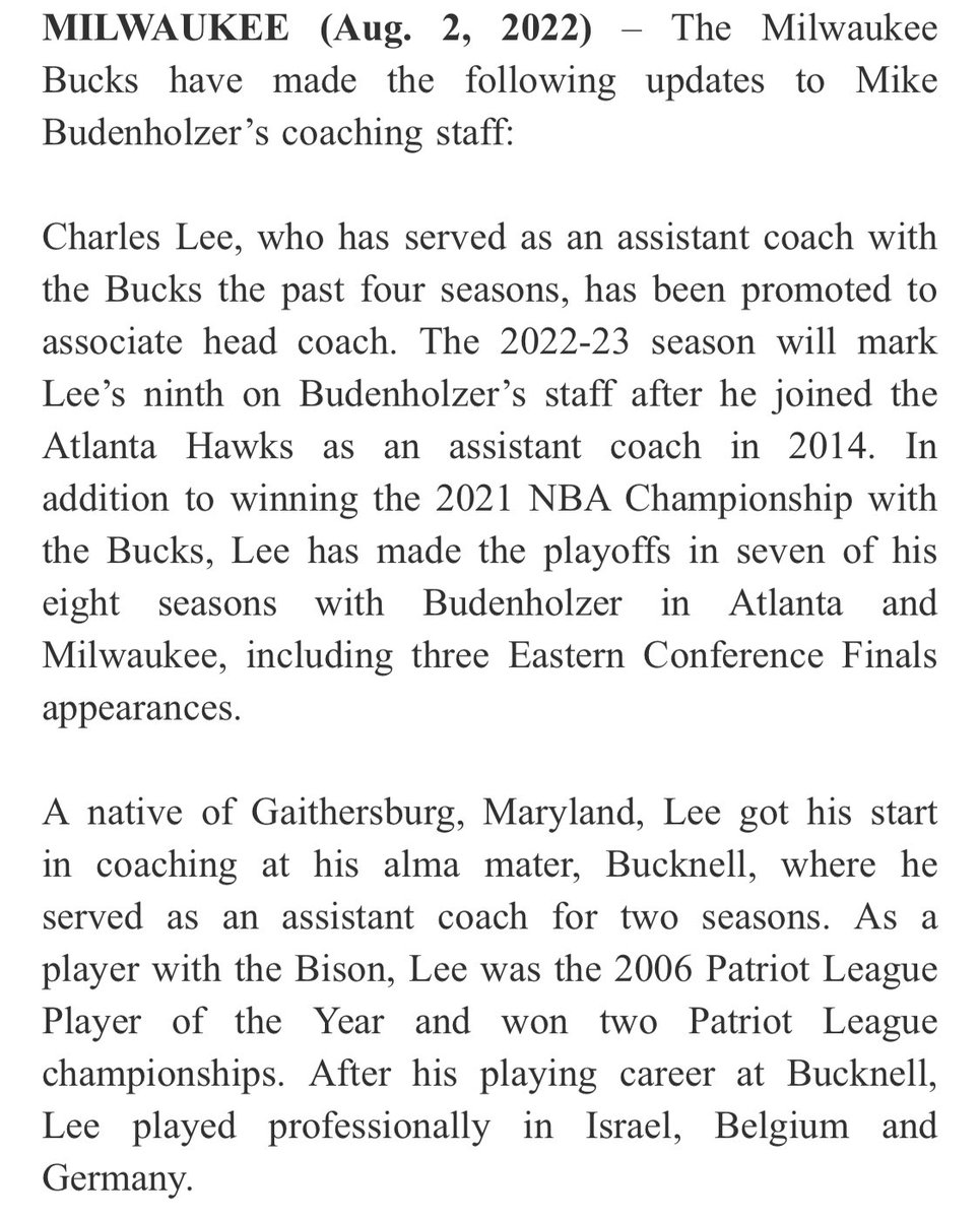 eric_nehm's tweet photo. The Bucks have announced the following updates to their coaching staff:
- Charles Lee promoted to associate head coach
- Vince Legarza, Blaine Mueller and DeMarre Carroll named assistant coaches
 - Sidney Dobner becomes head video coordinator

Biographical info, per @BucksPR: https://t.co/3eYqoPd56U