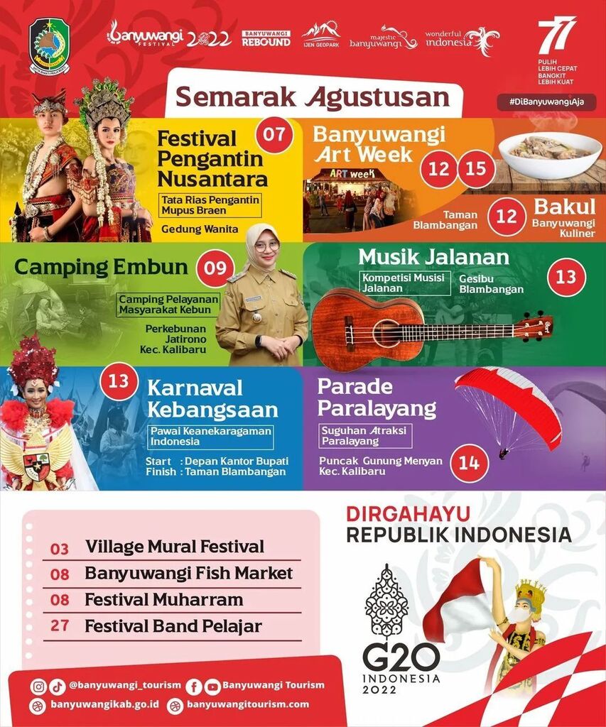 EventBwi's tweet image. From @banyuwangi_tourism Agustus ceria 😍 Banyuwangi Festival akan meramaikan hari harimu di bulan ini.

Jangan sampai ketinggalan untuk mengikuti dan memeriahkan Banyuwangi Festival. Mulai dari Festival Pengantin Nusantara, Parade Paralayang, hingga … instagr.am/p/CgxwgJshShx/
