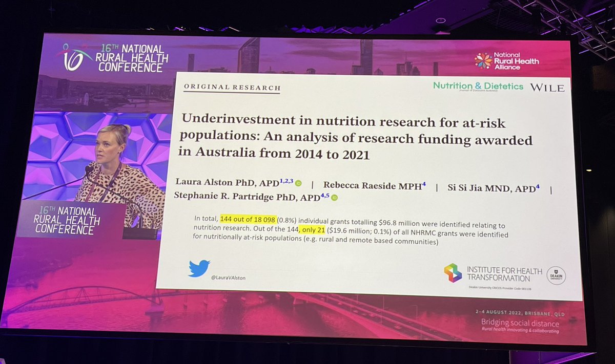 Many opportunities for increased investment in rural nutrition research <a href="/LauraVAlston/">Dr Laura Alston</a> presenting at #16nrhc #ruralhealthresearch