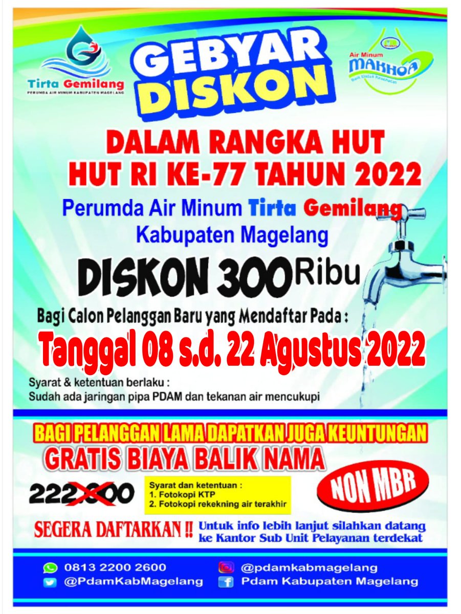 GEBYAR DISKON DALAM RANGKA HUT RI KE -77 TAHUN 2022.

#pdam #perumda #perumdaairminum #tirtagemilang #kabupatenmagelang #kabmagelang #kominfomagelang