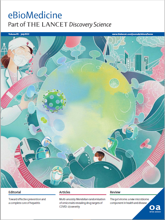 eBioMedicine's tweet photo. On the cover of our July issue, 

an illustration of the article "Multi-ancestry Mendelian randomization of omics traits revealing drug targets of #COVID19 severity" by @oldz84 @tomrgaunt &amp; coll.

Read https://t.co/CUC5Auh0OM https://t.co/kGq4JudlhB