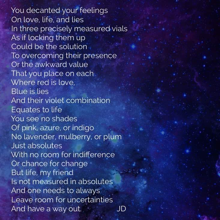 Josamey44's tweet photo. *Room For Uncertainty*
#TotalRepostTuesday for @alwayssnacking
The original was for a writing challenge on the old Lettrs app using the words #precisely #decanted #violet #solution #three & #awkward
#Poem #ShortStory #SpilledInk #Words #WordArt #JosameysWords #JD https://t.co/LlK5mqMs4O