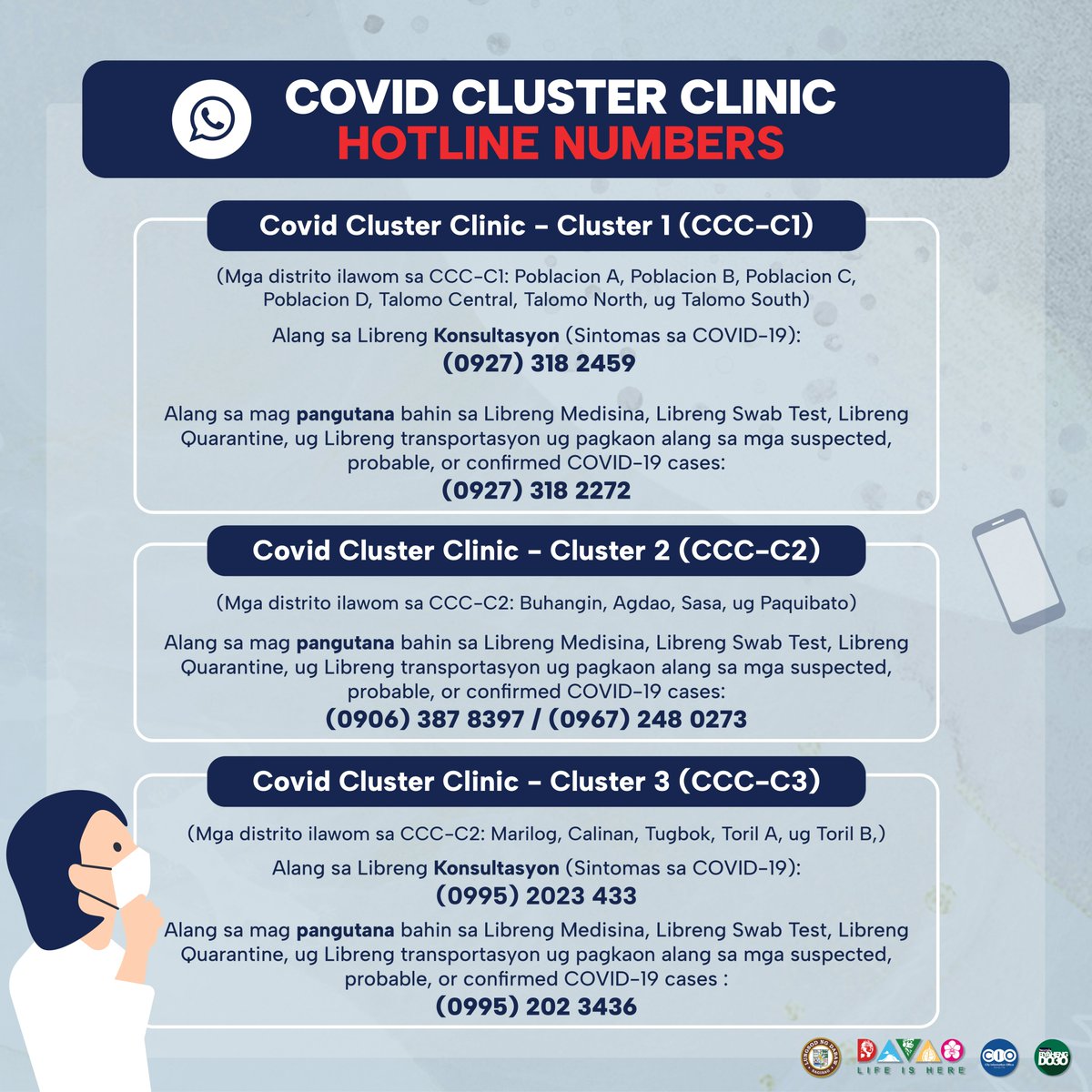davaocitygov's tweet photo. LOOK: DAVAO CITY COVID CLUSTER CLINIC HOTLINE NUMBERS https://t.co/bPSKYOJASO