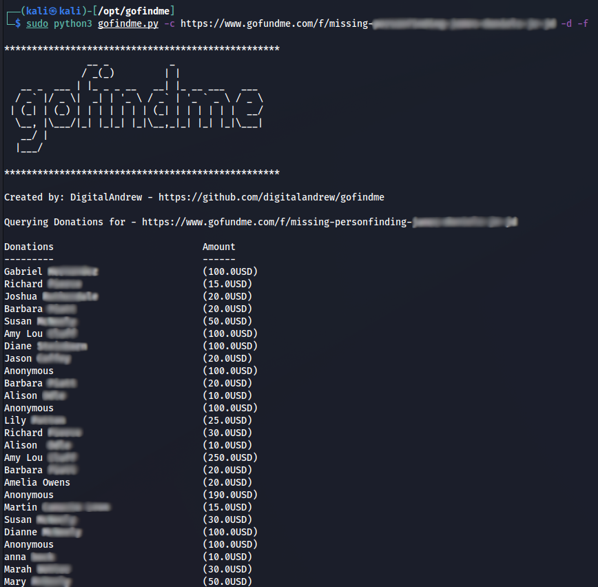 Need to do an investigation or #OSINT involving a GoFundMe campaign? New OSINT tool gofindme can help, it quickly pulls down a list of all campaign donators and their donation amount and can output to a csv file. github.com/digitalandrew/…