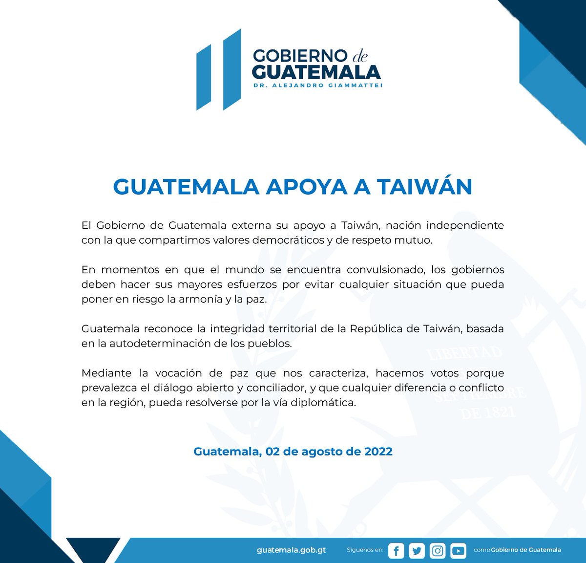 GuatemalaGob's tweet image. #ComunicadoOficial | El Gobierno de Guatemala externa su apoyo a la República de China (Taiwán) y hacemos votos porque prevalezca el diálogo.