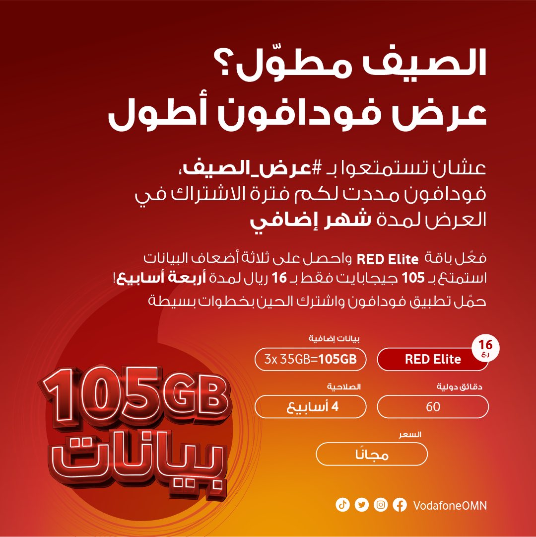 أحب كيف فودافون ماتوقف عروضهم، وهذا شيء يفيدنا خصوصًا إنها فترة سفر! وصايرة وجهات السفر أغلبها تناسب تغطية فودافون😍🌟

من تجربة للأهل والأصدقاء، تجربتهم ممتازة جدًا مع بطاقة <a href="/VodafoneOMN/">فودافـون عُمان</a> في تركيا وبريطانيا وإسبانيا👏🏻

المهم لا يفوتكم #عرض_الصيف 😎👇🏻
مددوا فترة الاشتراك بالعرض👏🏻