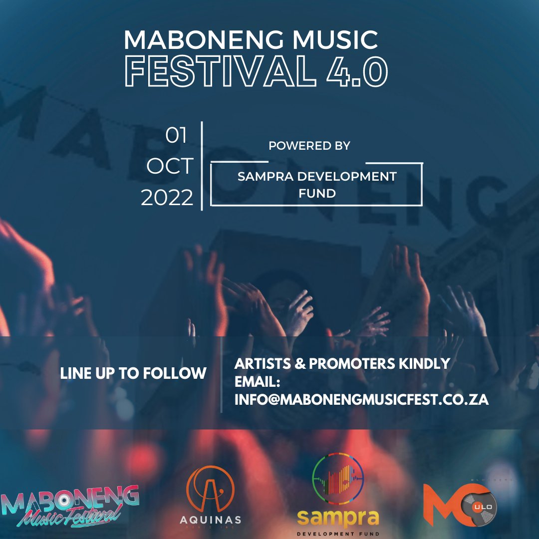 MabonengFest's tweet photo. Maboneng Music Festival is back &amp; it’s bigger.Anyone can be part of the event, as a promoter or on the big stage with other amazing artists.The event is powered by @OfficialSAMPRA
Send us an email on info@mabonengmusicfest.co.za. Good luck!

#MabonengMusicFestival #Somizi  #Nota https://t.co/GUTczWLJBR