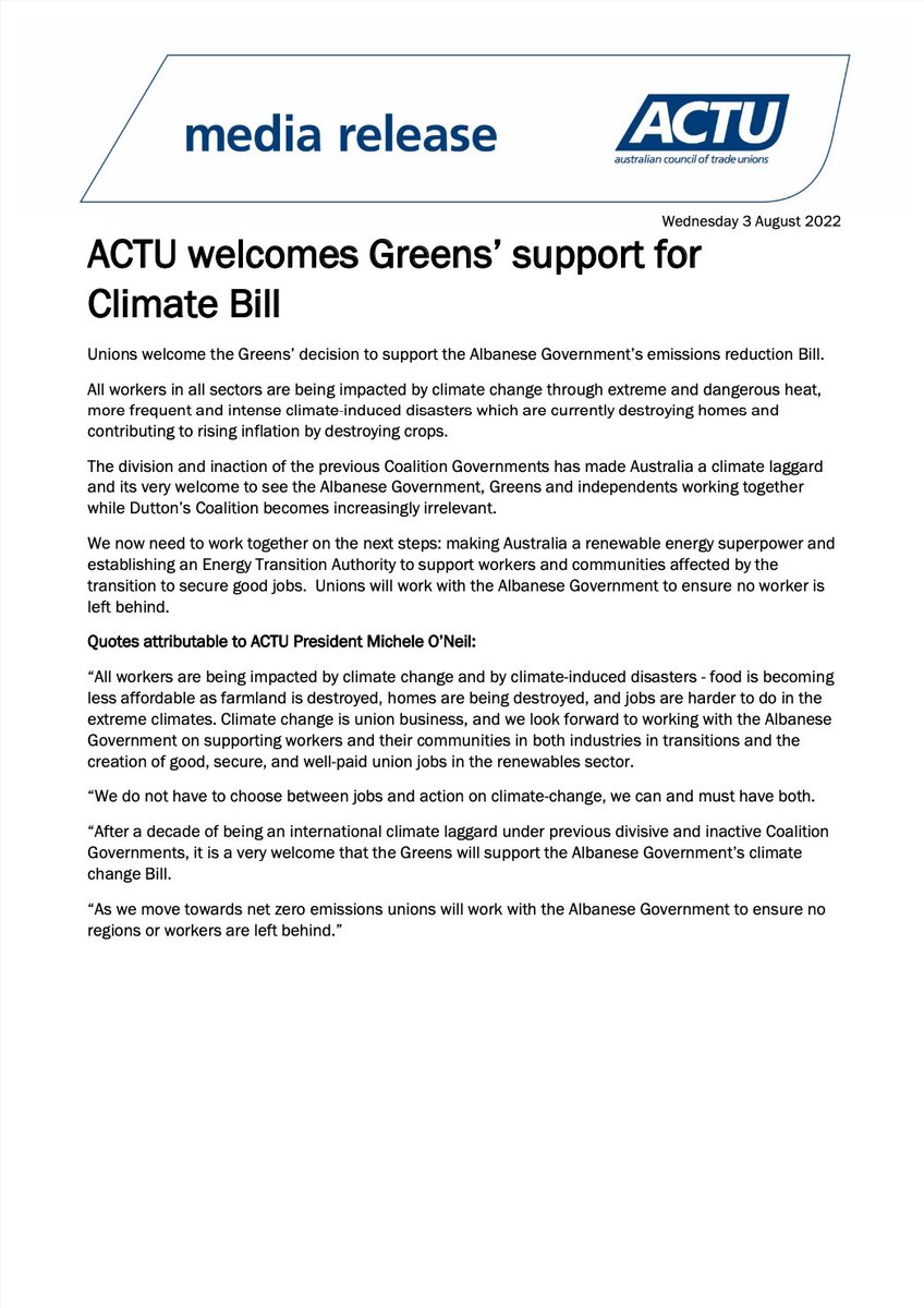 unionsaustralia's tweet photo. MEDIA RELEASE: ACTU welcomes Greens' support for Climate Bill https://t.co/HAeDOYjarh