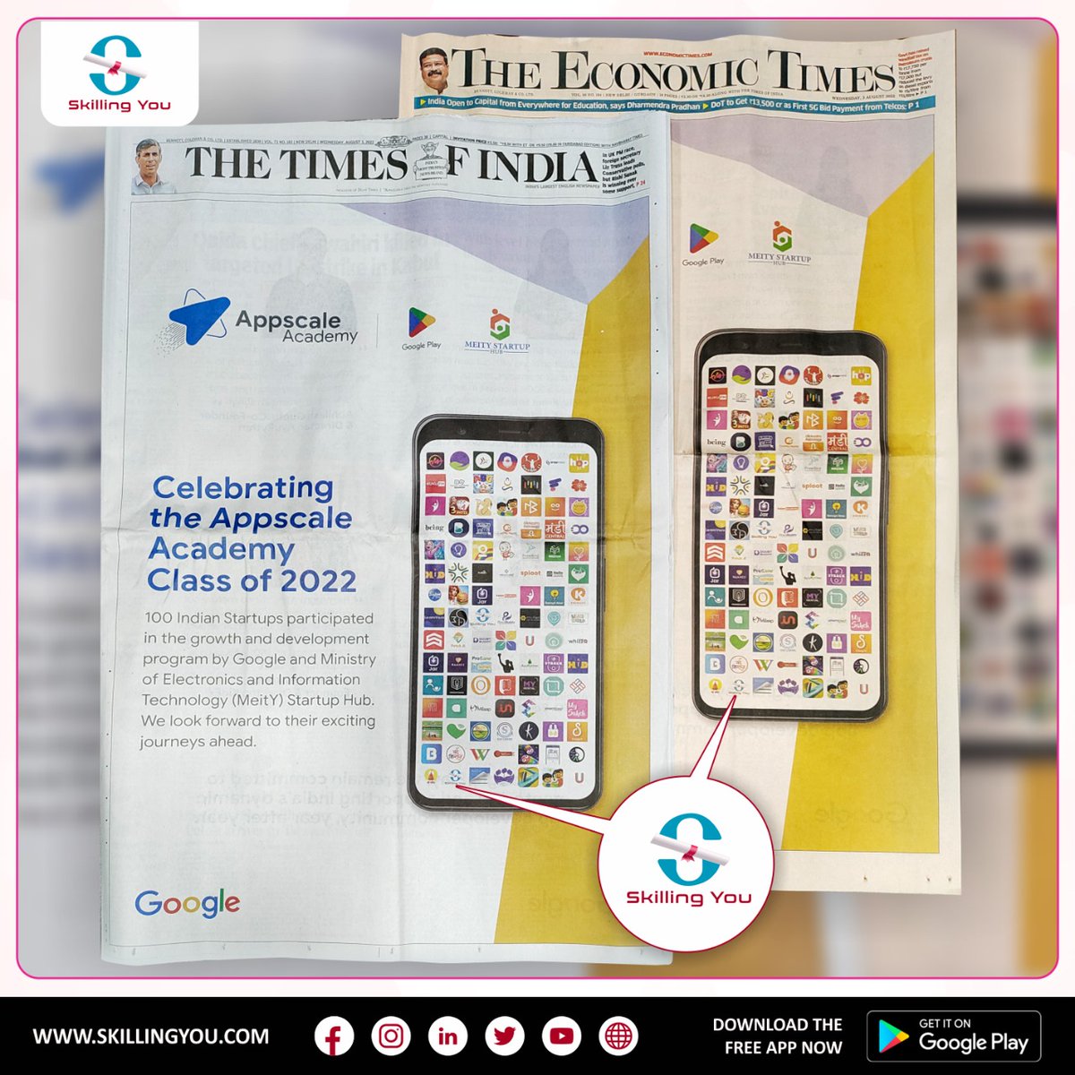 SkillingYou's tweet photo. SkillingYou is catching everyone's eye again!
Having successfully graduated as the first batch from Google's Appscale academy, we made it to the front page of several Indian newspapers today.
#Google #Appscaleacademy #TOI #ET #SkillingYou #Deccanherald #meity #top100startups https://t.co/10HhGQEQfB