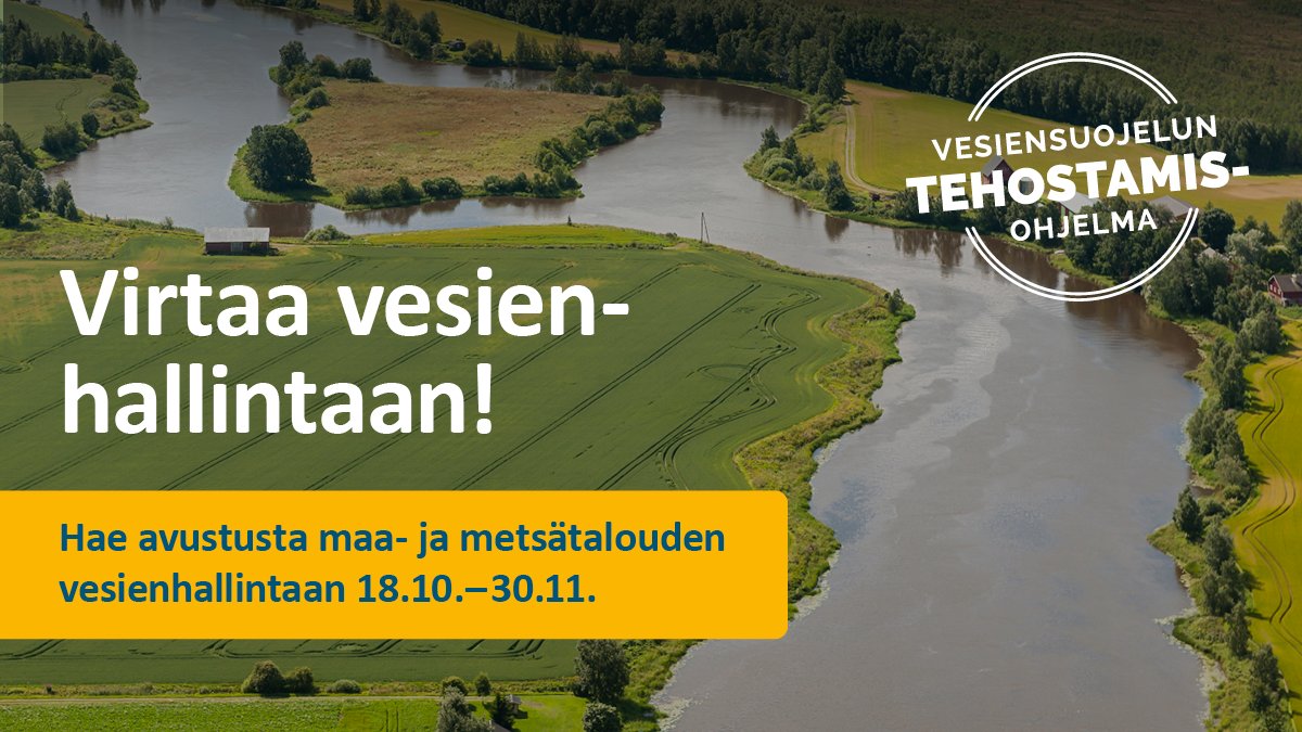 Päivämäärä talteen! 🗓 

Avustusta tarjolla maa- ja metsätalouden vesienhallintaan 18.10.–30.11. Avustuksia voi hakea vesiensuojelun tehostamisohjelmasta. Sen tavoitteena on tehdä Suomesta maailman tehokkain vesiensuojelija. 

Lue lisää: ym.fi/virtaavesienho… 

#vedenvuoro