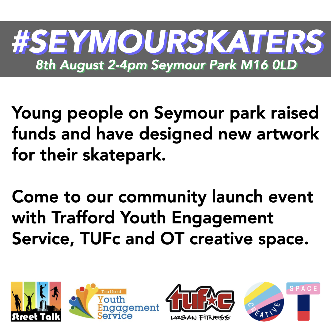 <a href="/talk_trafford/">Street Talk Trafford</a> and local young people have been working hard with <a href="/TufcUrban/">Tuf-C</a> <a href="/OTcreativespace/">OT creative space</a> and <a href="/MollyMajorArt/">Molly Major</a> to revitalize the well loved Seymour Skatepark.

Join them 👏 Monday 8th August 2-4pm 👏 to celebrate the artwork unveiling with a day of fun, games and live artwork.