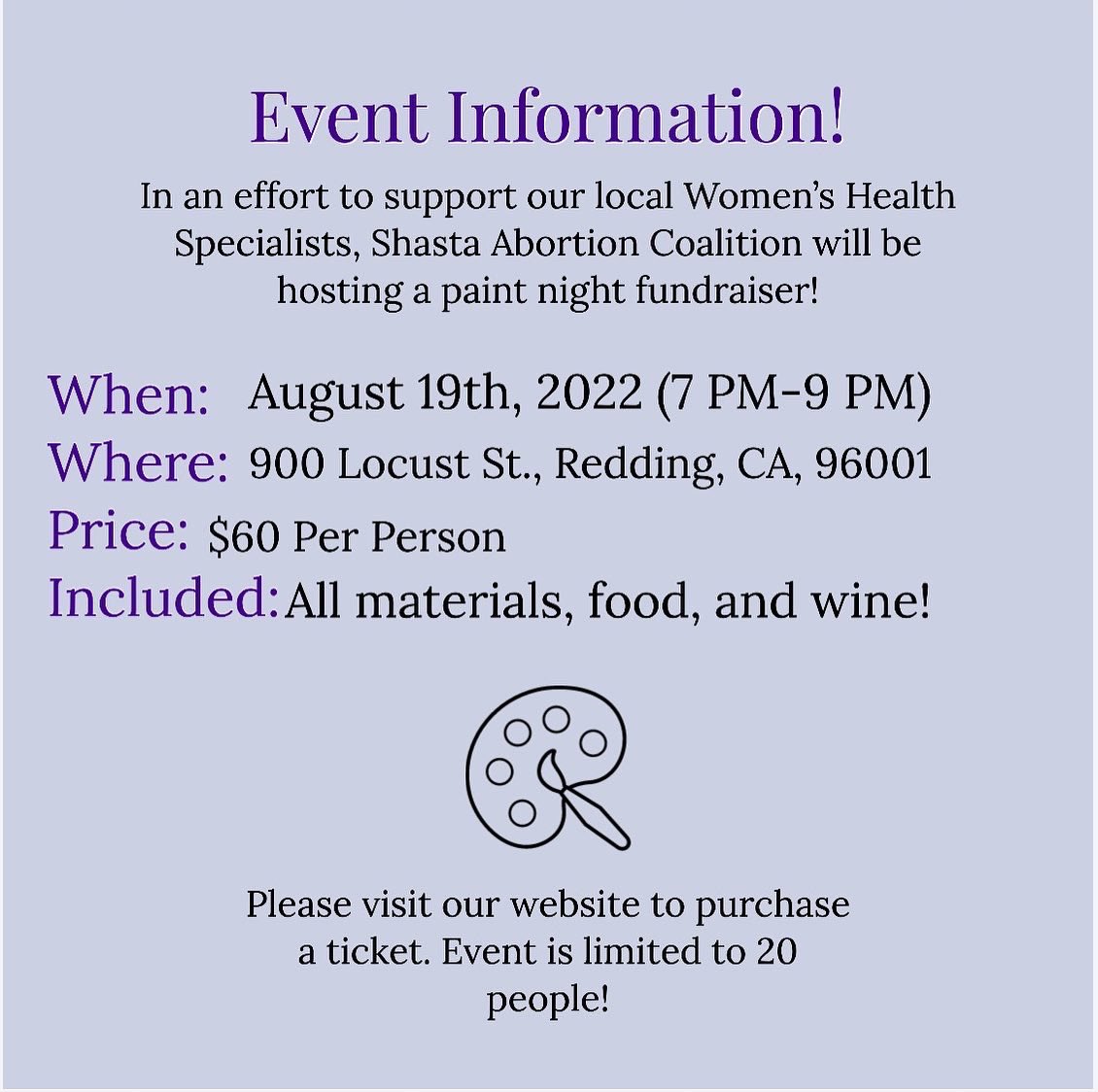 ShastaAbortion's tweet photo. Join Shasta Abortion Coalition where we will be hosting a paint night fundraiser for the Women’s Health Specialists! To purchase a ticket please visit our website and follow the directions! We hope to see you there! 

https://t.co/OXu3Z2tw0q 

#shastaabortioncoalition https://t.co/UZRZEsuyGo