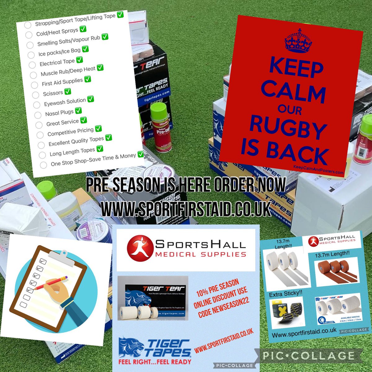 Sportfirstaid's tweet photo. #Rugby #PreSeasonFriendly are here, is your #PitchBag #Physio #FirstAid bag full?If not we have ALL your #GameDay needs not just #Strapping #SportTape Order your Extra Length #LiftingTape 6.9m!Not 4.5m like some #ZincOxide is 13.7m Not 10m order online now https://t.co/ibQHwkfbC2 https://t.co/9smhVoeocj
