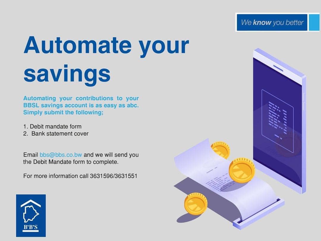 BBS_BW's tweet photo. Saving money is part of the natural cycle of life, but it doesn't always happen. Automating your savings account helps you get back on track with a few simple steps.
Email bbs@bbs.co.bw and we will email you the debit mandate form to complete. 
#SavingMadeEasy #BBSLimited https://t.co/eY2x3neptj