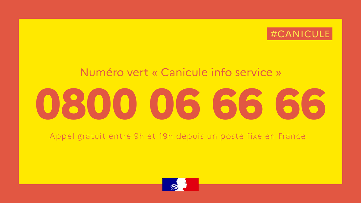 #Canicule | 📞 0 800 06 66 66 : un numéro gratuit pour obtenir des conseils de protection pour vous et votre entourage. ☎ En cas de malaise, composez le 15.