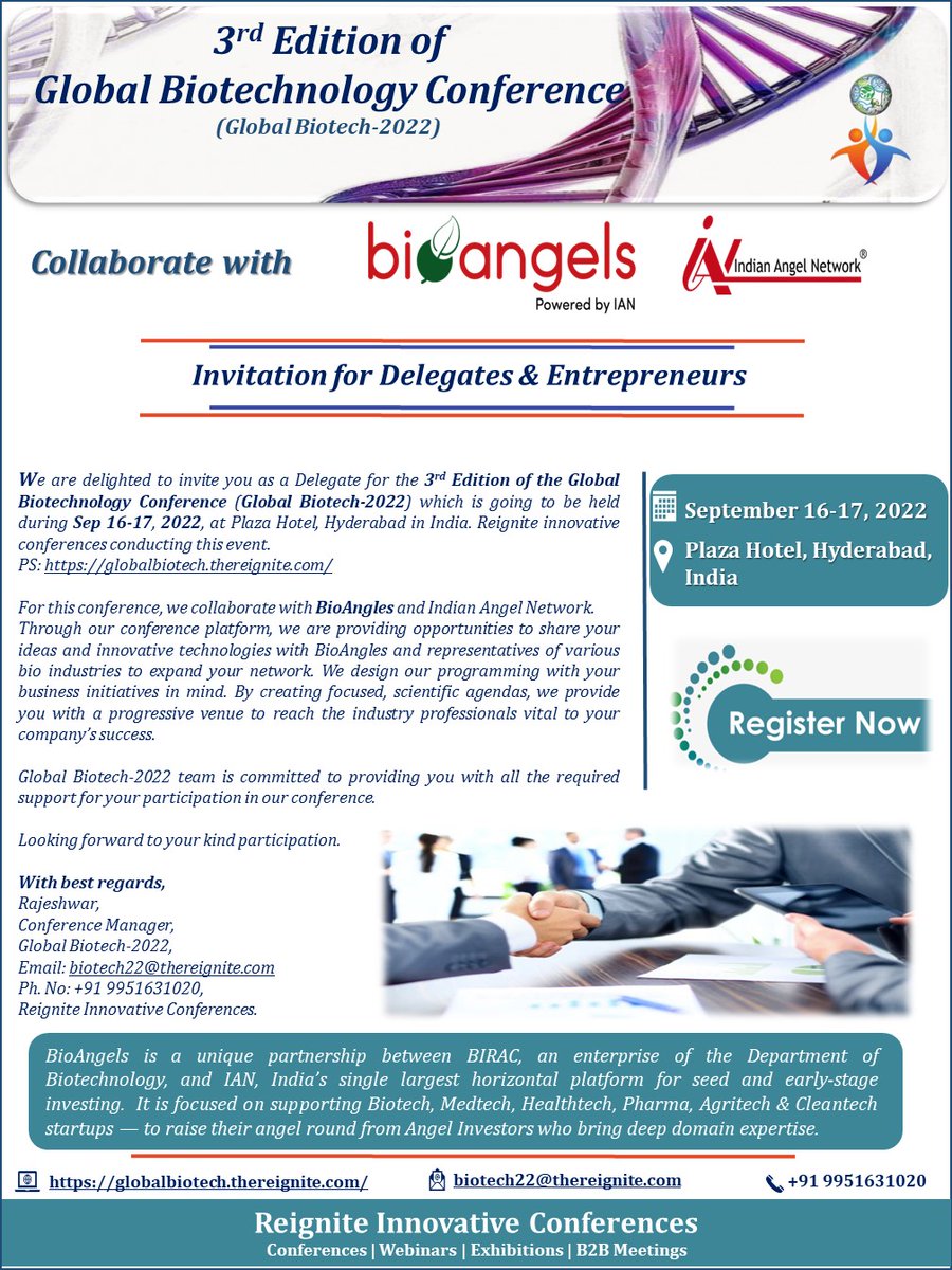 ReigniteConf's tweet photo. #callfordelegates #delegates #enterpreneur of #bio #startup #biotechnologyindustry #industrial #scienceandtechnology #scienceandenvironment #innovative #technology #pharm #pharmaceuticals for #Globalbiotech2022 #biotech #conference #Hyderabad @padmajaian @bio_angels @ianetwork https://t.co/cuH5Oocx7t