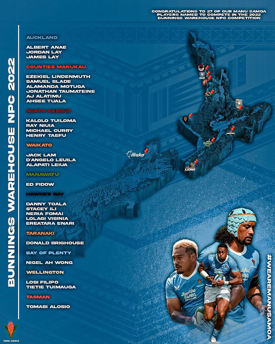 manusamoa's tweet image. Wishing our Manu Samoa boys featuring in their Provinces in the upcoming Bunnings Warehouse NPC tourney in New Zealand. Manuia lo outou alofaiva. 

#WeAreManuSamoa