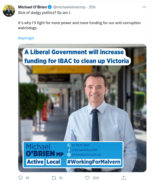 AaronDodd's tweet photo. If @MichaelObrienMP had not inserted the last-minute dodgy side letter into the #ewlink contract, we would have an extra billion dollars to fund IBAC with. He's a fool. #auspol #springst https://t.co/YZUeq584Iq