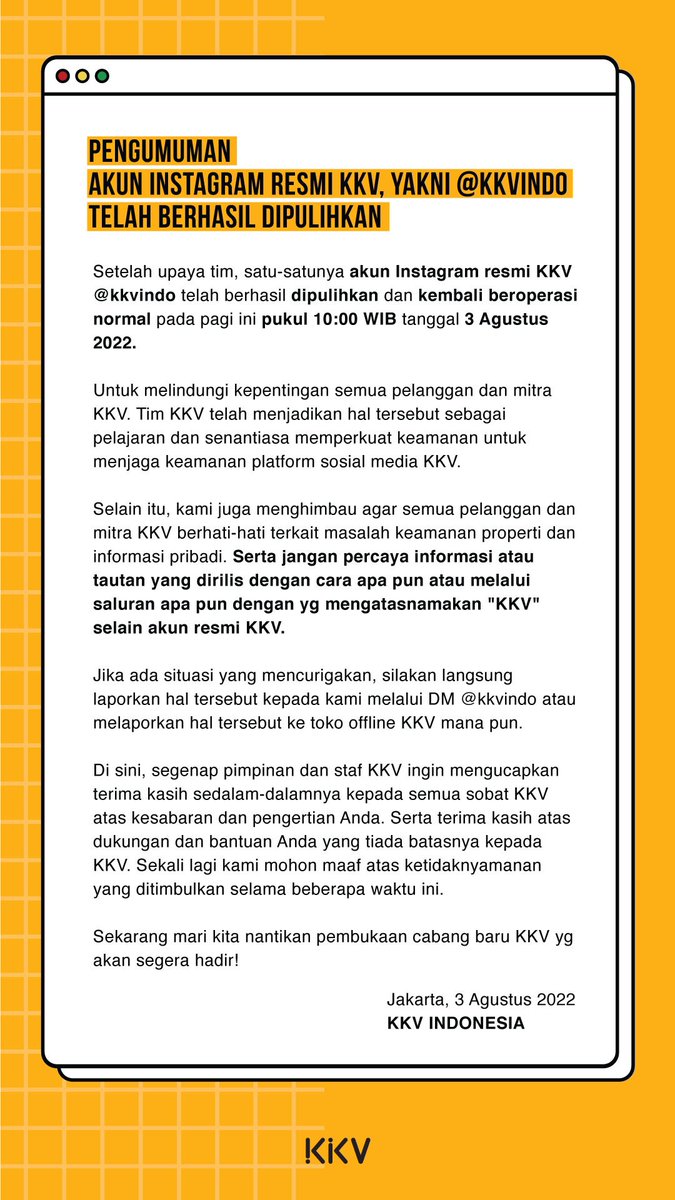 KKV_official's tweet photo. PENGUMUMAN : Akun Instagram resmi KKV, yakni @kkvindo telah berhasil dipulihkan #kkvindo #kkv https://t.co/a96pEcvGGh