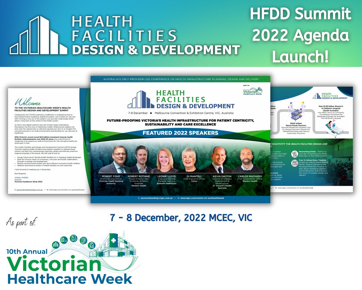 HFDD Agenda Launch!
Check it out here: bit.ly/3QepkzY
Victorian Healthcare Week is pleased to announce the release of the Health Facilities Design and Development  Summit program scheduled to run over 7-8 December at the Melbourne Convention &amp; Exhibition Centre (MCEC).