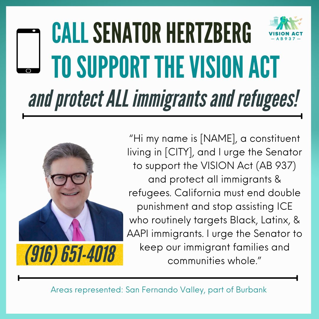Today, we rallied outside @SenBobHertzberg’s office calling for him to support the #VISIONAct. We need an end to the double punishment experienced by immigrants who earn their release after serving their time in prison or jail. Senator, vote YES on  #AB937!