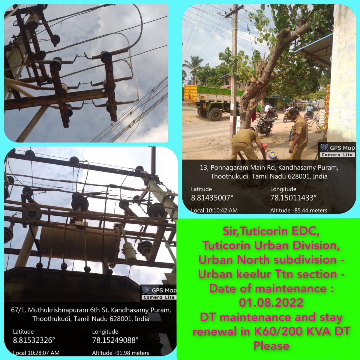 TangedcoT's tweet photo. Sir,
*Circle:Tuticorin*
Date of maintenance :.01.08.22
.1.Tree Clearance:136 locs
2.Damaged Poles:5Nos
3.DTmaintenance:24Nos
4.Resagging of conductor-50span
5.staycut Rectification:27
Nos
6.weak jumper: 56Nos
7. Replacement of weak damaged insulator -24 nos 
8. Leaned poles- 13no https://t.co/87UL9jTdyQ