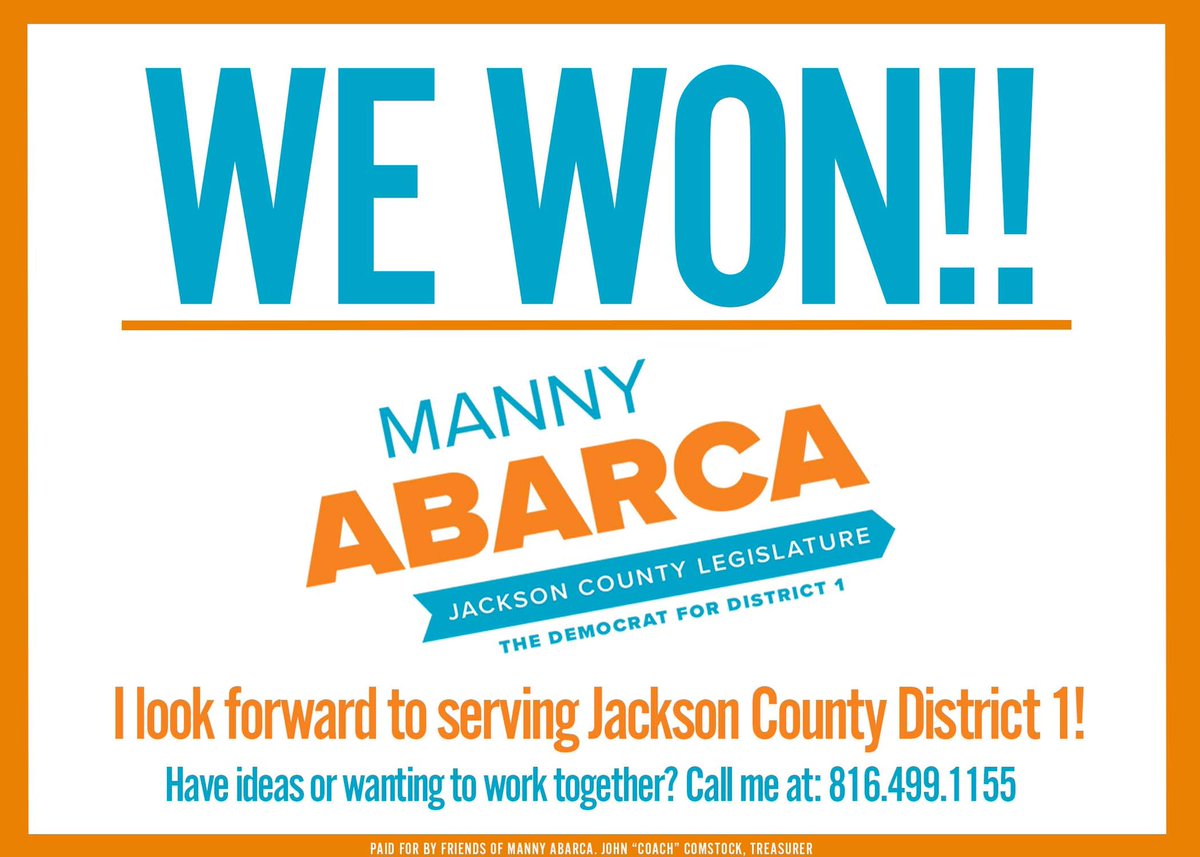 MannyAbarcaIV's tweet photo. Huge thanks to every single one of you who believed in me, trusted in me, and cast their vote for me.

I’m committed to earning your support not just during election season, but every day as your future representative in the Jackson County legislature. Let’s get to work! https://t.co/w4Fo9QJr3A