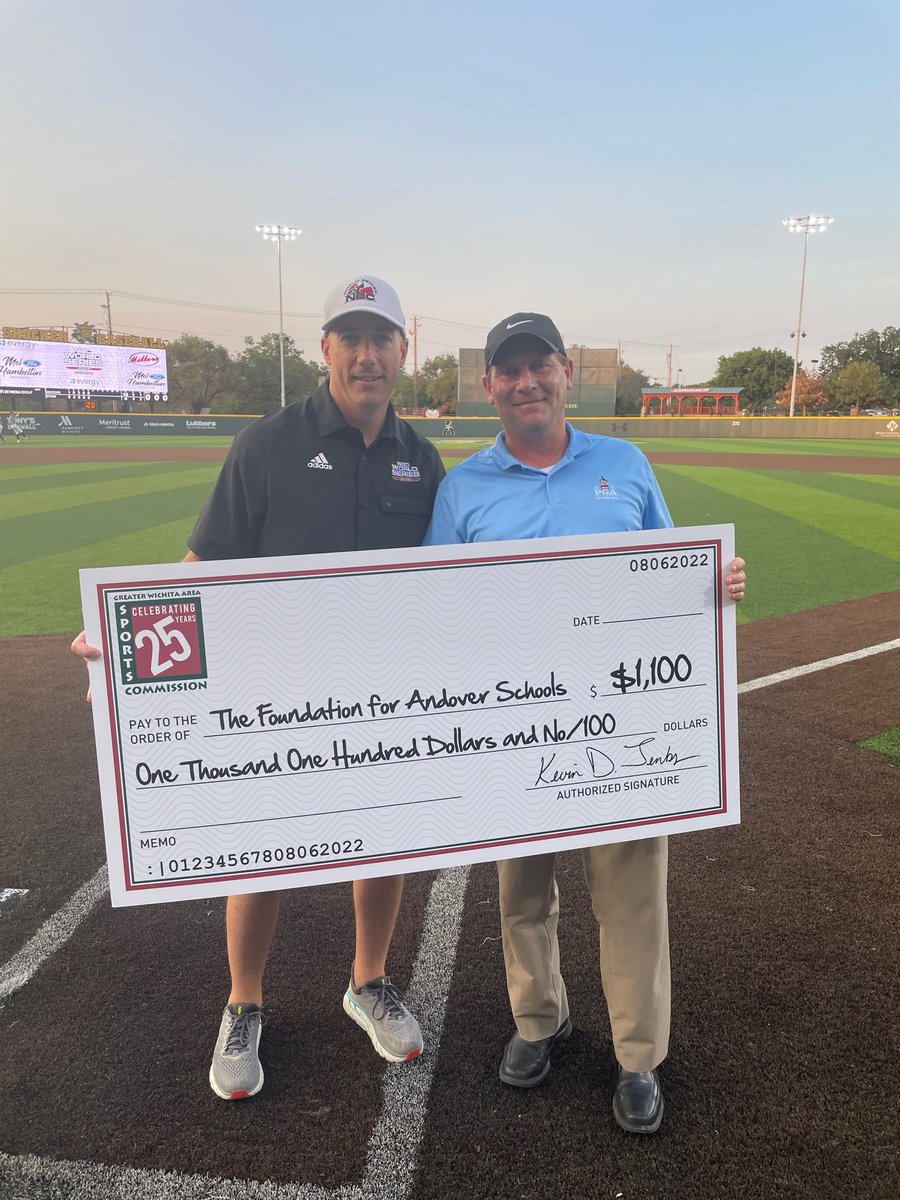 AndoverSchools's tweet photo. Huge thanks to the Greater @Wichita_Sports Commission for supporting our @PrairieCreek385 community through the @AndoverFDN! Prairie Creek Principal Shawn Springer accepted the check tonight at @NBCBaseball. https://t.co/x5hgCW348Q