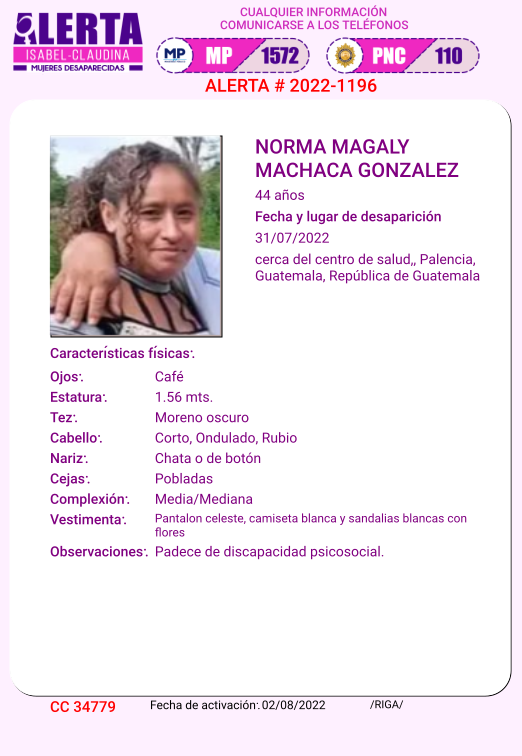 Por medio de la Alerta <a href="/isabel_claudina/">Alerta Isabel Claudina 🇬🇹</a> se reporta la desaparición de esta persona. Si tiene información de su paradero comunicarse al teléfono 1572 del <a href="/MPguatemala/">MP de Guatemala</a> o al 110 de la <a href="/PNCdeGuatemala/">PNC de Guatemala</a>📲.