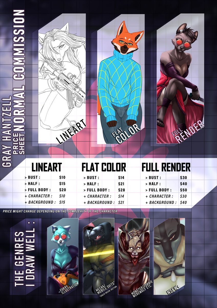 GrayHantzell's tweet photo. ~~~GRAY'S COMMISSION PRICE SHEET~~~

dm me for more into 
#commissionsopen #furrycommission https://t.co/fsKwfTzyl0