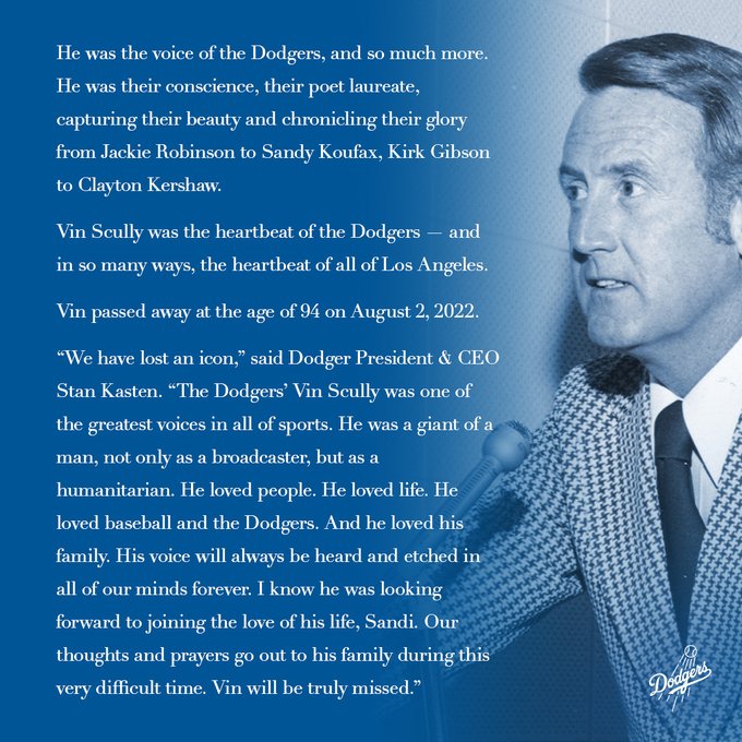 Legendary Dodgers broadcaster Vin Scully dies at 94 years old