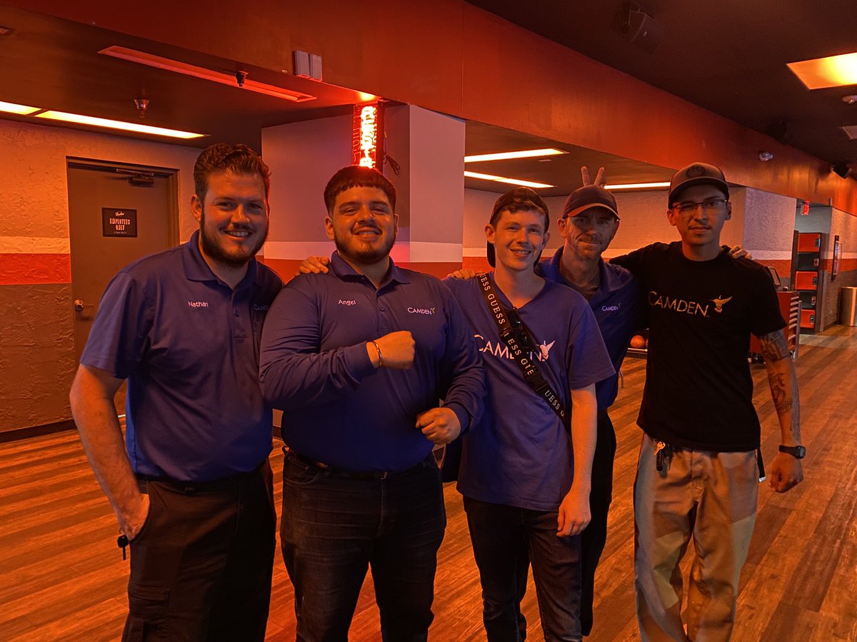 DahnnBrown's tweet photo. We celebrated our incredible Maintenance Teams today. Even when it’s 106 degrees outside, we found a way to give them some much deserved offsite fun and connection time. They cooled off and got their bowl on! 🎳💙💚 #camdenhappy https://t.co/mICjIN4R55