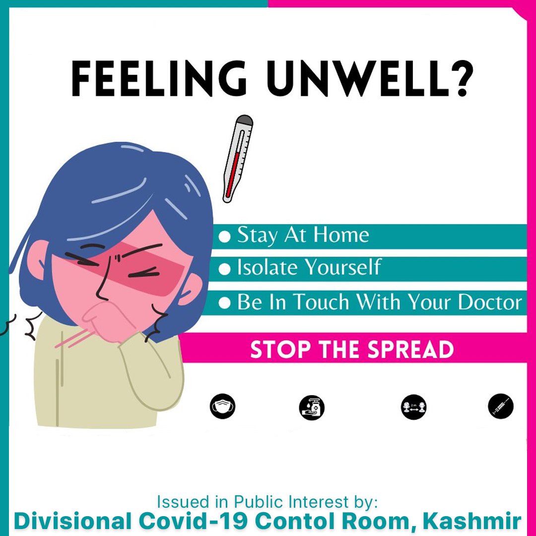 If you feel unwell and have Symptoms of Covid 19,Isolate yourself and be in touch with your doctor.

Kindly RT

<a href="/OfficeOfLGJandK/">Office of LG J&K</a> <a href="/diprjk/">Information & PR, J&K</a> <a href="/HealthMedicalE1/">Health & Medical Education Department J&K</a> @DivisionalComm1 <a href="/DHSKashmir/">Health Department Kashmir</a> <a href="/DHSKashmir/">Health Department Kashmir</a> <a href="/NHMJK5/">NHM, J&K</a> <a href="/srinagaradmin/">Srinagar district administration</a> <a href="/DC_Budgam/">Deputy Commissioner Budgam</a> <a href="/DCBaramulla/">Deputy Commissioner Baramulla</a> <a href="/DcKulgam/">Deputy Commissioner Kulgam.</a> <a href="/dckupwara/">Deputy Commissioner Kupwara</a> <a href="/DCAnantnag/">Deputy Commissioner Anantnag</a> <a href="/ANI/">ANI</a>