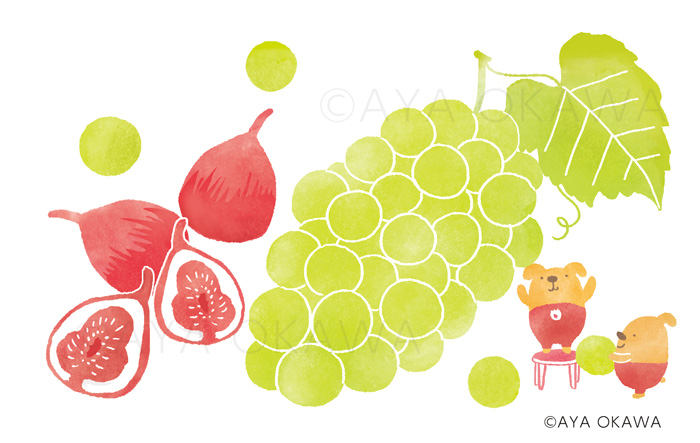 オオカワ アヤ イラストレーター お仕事 東京ガスエネルギー様の22年カレンダーイラスト 野菜と果物がテーマです 8月はシャインマスカットといちじく 7月がイエロー系だったので次は差し色をと赤いフルーツをチョイス 秋は赤が多くなりそうなので