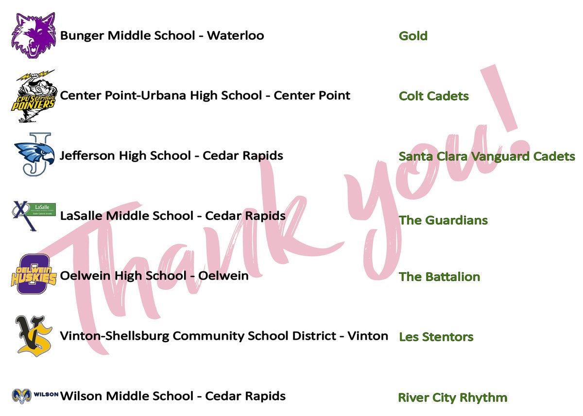 CedarRapidsToD's tweet image. We owe these seven schools a big THANK YOU for hosting the corps in our show this year. We are fortunate to have so many leaders in these districts around the area who support fine arts, students, and drum corps.