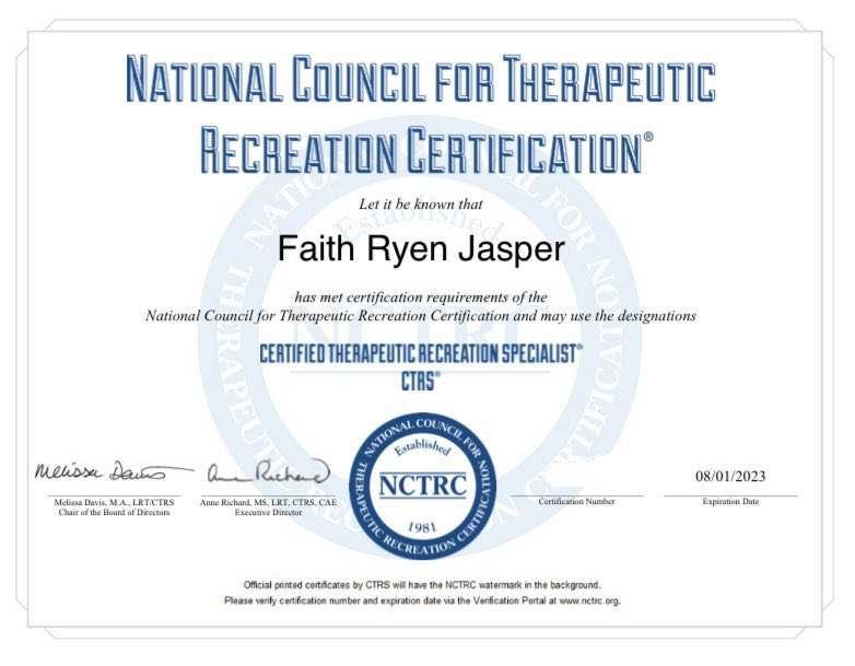 FaithJasper4's tweet photo. I am beyond excited to share that I have written + passed my NCTRC certification exam and am officially a Certified Therapeutic Recreation Specialist (CTRS)! I am excited to see what’s in store next, for now it is hopefully some relaxing and enjoying the full time adult world!💙 https://t.co/vfzCXMvaLy