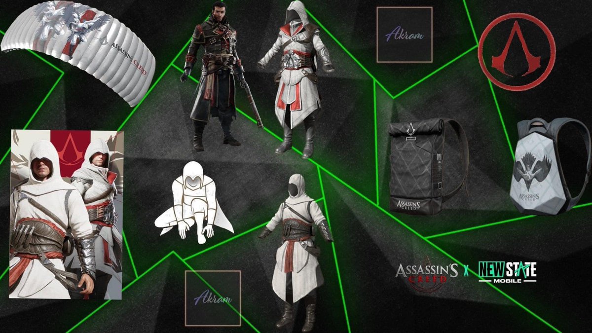 Andronews_net's tweet photo. Se han filtrado las skins que aparecerán en la colaboración entre PUBG: New State y Assasins Creed. https://t.co/8ab8E6CmVt