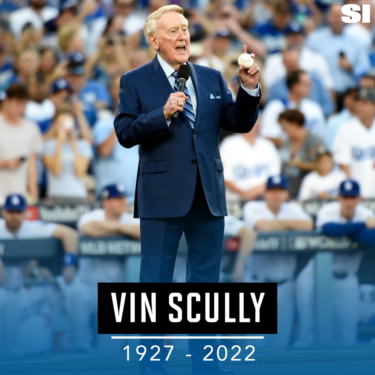 SInow's tweet photo. Legendary broadcaster Vin Scully, who called Dodgers games on the radio and television for 67 years, passed away Tuesday, the team announced. 

He was 94 years old 🙏 https://t.co/cliZWi6bZD https://t.co/mNecIbtMVO