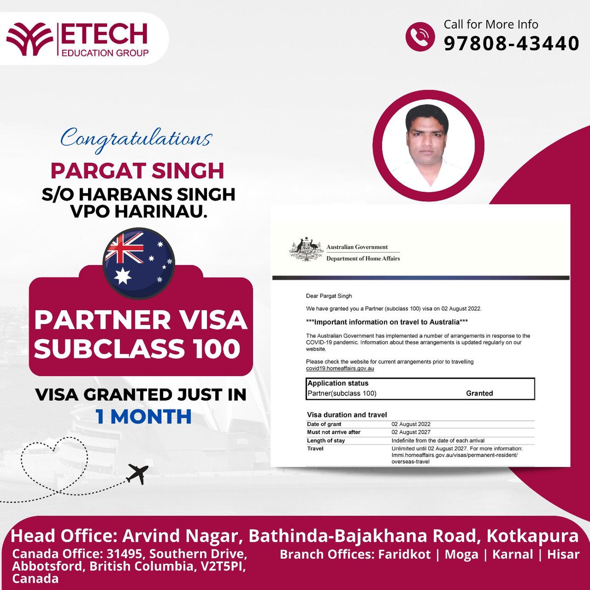 omgoyaletech's tweet image. ਆਸਟ੍ਰੇਲੀਆ ਦੇ ਆ ਰਹੇ ਹਨ #ਧੜਾਧੜ ਵੀਜ਼ੇ

🇦🇺 Partner Visa Subclass 100 ( PR ) Approved 🇦🇺

#subclass100 #australiapr #australispousevisa #australiapartnervisa #etech #kotkapura #punjab #faridkot
