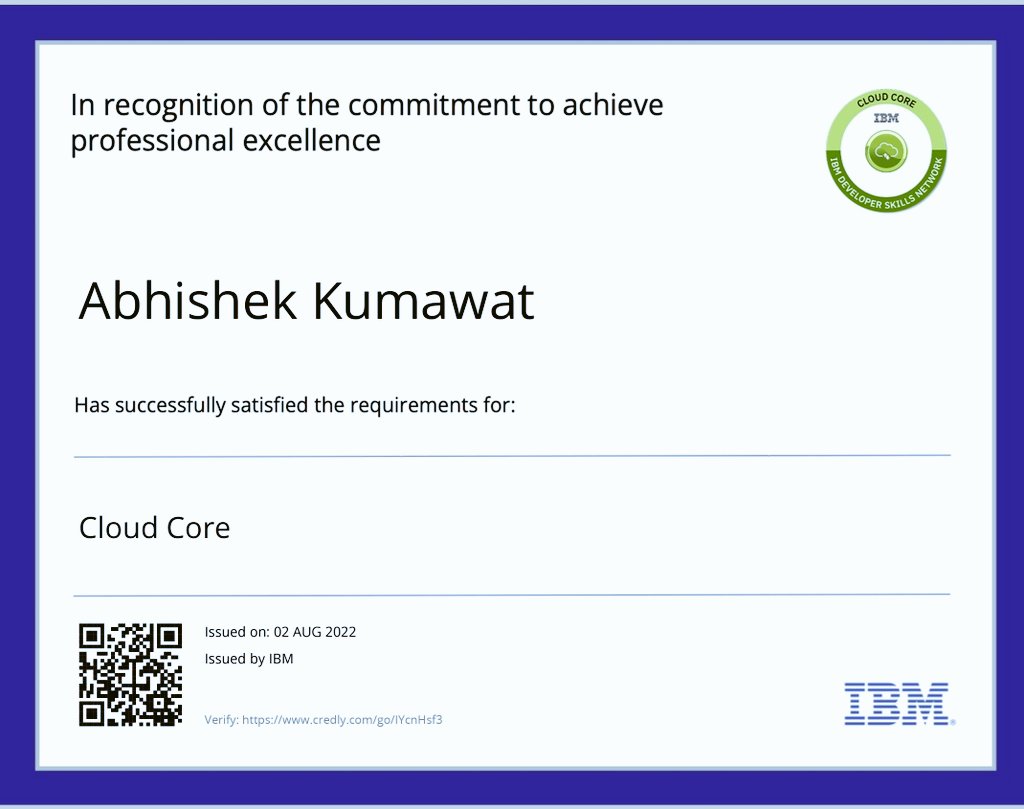 vishal_9928's tweet photo. I'm glad to share you that I had successfully completed "Cloud Core" which was offered by @IBM.
#ibm #datascience #ibmindia #ibmdatascience #learning #cognitiveclass #programming #cloud #CORE https://t.co/KngLG2RsVm