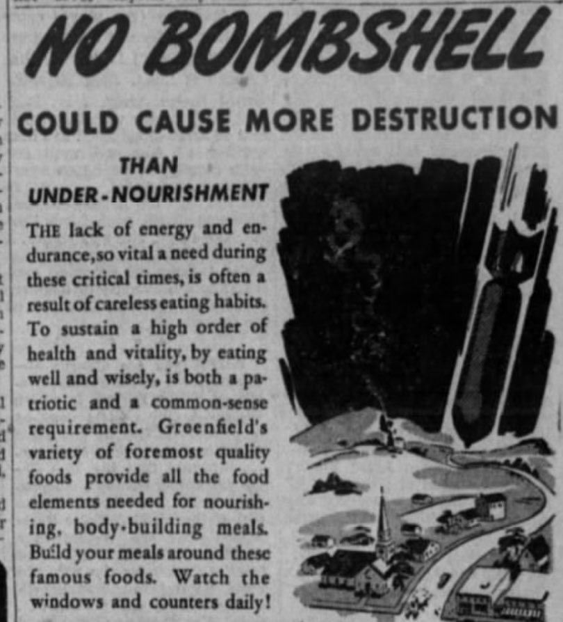 fredvultee's tweet photo. #AEJMC22 friends, remember to keep those energy levels up, and be sure to catch the spread at the Wayne State #wsu_com reception on Friday! (Free Press, Aug. 3, 1942) https://t.co/FyPQgzX8Cy