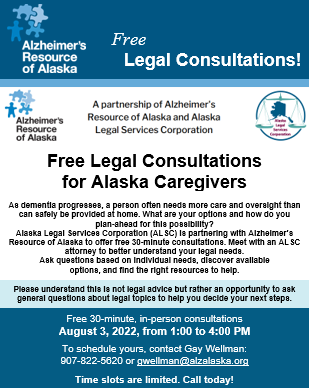 akoltco's tweet photo. Caregivers! Email Gay Wellman ( gwellman@alzalaska.org) to reserve your spot for TOMORROW'S free 30-minute, in person consultation with AK Legal Services to better understand your legal needs. https://t.co/UMDPkQBUEc