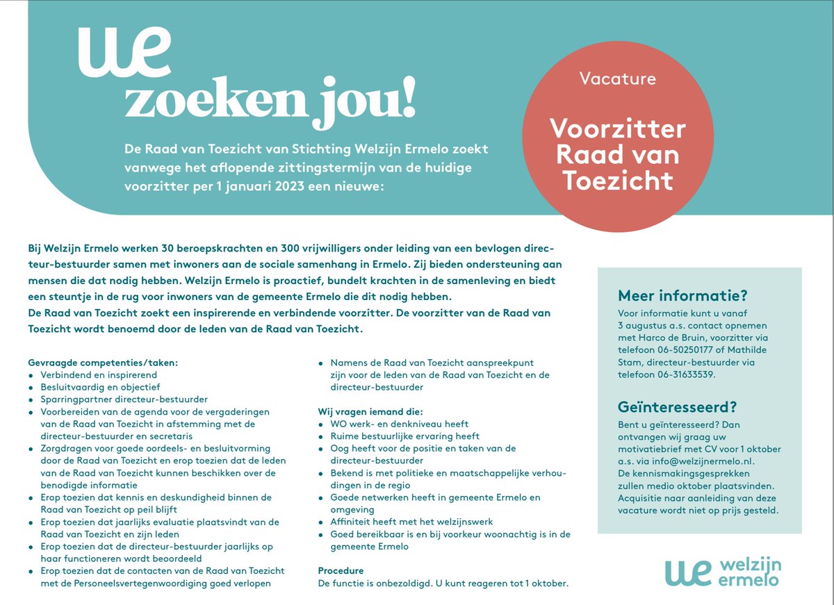 WelzijnErmelo's tweet image. Ben jij de inspirerende en verbindende voorzitter met oog voor grote lijnen? Dan zoeken we jou! Solliciteren kan tot 1 oktober a.s. via info@welzijnermelo.nl. 
#WE ontmoeten je graag!