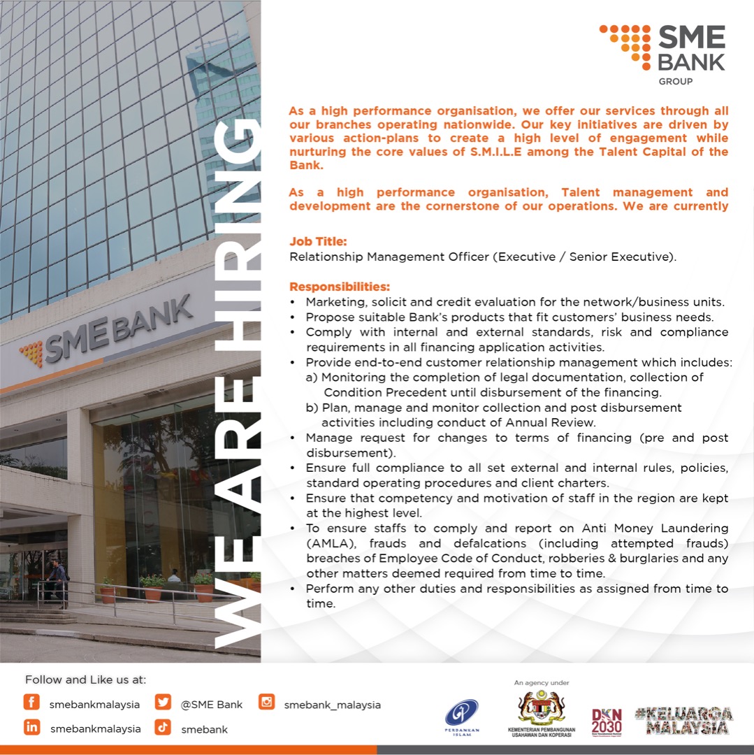 SME_Bank's tweet photo. We are looking for new talents to be part of our team!
Please submit your application and resume to hrrecruitment@smebank.com.my by 2 September 2022.

@KUSKOPMalaysia @CEDARSMEBank 
#SMEBank #beyondfinancing #SMILEFamily #vacancies #jawatankosong #hiring #KeluargaMalaysia https://t.co/3pVeHrSEyk