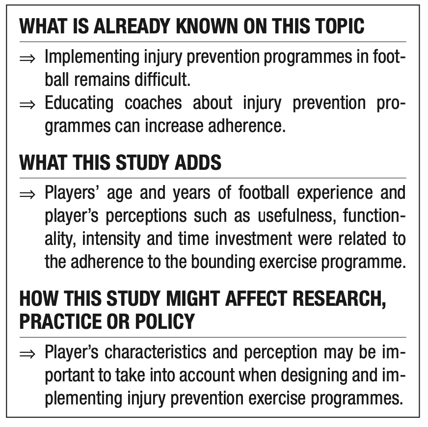 What affects adherence to injury prevention programs in football? 🤔

🚨NEW #ShortReport by <a href="/sandervdhoef/">P.A. (Sander) van de Hoef</a> <a href="/MichelBrink/">Michel Brink</a> <a href="/BrauersJ/">Jur Brauers</a> <a href="/MaartenvSmeden/">Maarten van Smeden</a> <a href="/VGouttebarge/">Vincent Gouttebarge</a> <a href="/fbackx71/">Frank Backx</a>

⚽️ Consider the player’s characteristics!

ARTICLE 👉🏼 bit.ly/3cQI2z0 

#UnderTheSpotlight
#WeAreBOSEM
