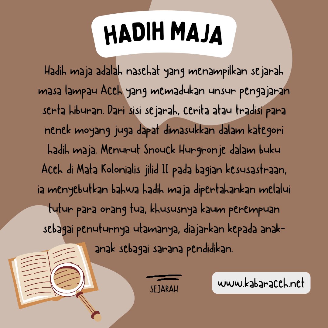 kabaracehnet's tweet photo. Hadih maja merupakan istilah lokal ke-Acehan dibentuk dari akar kata hadih dan maja. Kata hadih dipungut dari bahasa Arab ‘hadis’ yang hal ini merujuk pada perkataan, pernyataan, ungkapan verbal. (Alt+)

#acehviral #beritaaceh #budayaaceh #tradisiaceh #mengenalaceh #kamuharustau https://t.co/b0f2rm5s7A