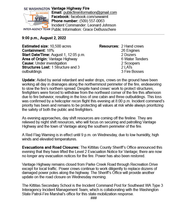 CWAFireInfo's tweet photo. #VantageHighwayFire PM Update for 8/2. 10,500 est acreage and 18% contained. One cabin and 3 outbuildings lost. Evacuation notices lifted, Vantage power back on, Vantage Highway still closed. Night shift resources will be patrolling the southern line near Vantage and the highway https://t.co/9DE5TxFkiE