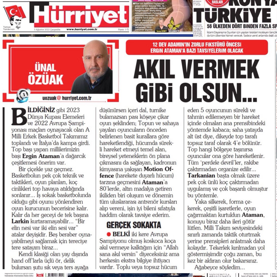 unal444's tweet photo. #ÜnalÖzüak #Basketbol #KöşeYazısı #Sayfa17 #HürriyetGazetesi #SporSayfası #03Ağustos2022 #Akıl #VermekGibi #Olsun #GerçekSokakta #EuroBasket2022 #2023DünyaKupasıElemeleri https://t.co/glJJuzeJ0A