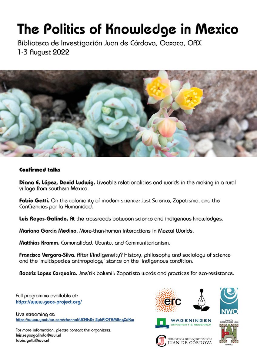 luisreyes (@luisreyes) on Twitter photo Tomorrow’s <a href="/ProjectGeos/">Global Epistemologies and Ontologies (GEOS)</a> workshop talks on more-than-human in Mezcal Worlds (M. GarcĂa) and liveable relationalities (D. E. LĂłpez & D. Ludwig) have been rescheduled to 10 and 11 a.m. respectively. The previous talks are available at the same FB event link: fb.me/e/1LHUwNqIO Tomorrow’s <a href="/ProjectGeos/">Global Epistemologies and Ontologies (GEOS)</a> workshop talks on more-than-human in Mezcal Worlds (M. GarcĂa) and liveable relationalities (D. E. LĂłpez & D. Ludwig) have been rescheduled to 10 and 11 a.m. respectively. The previous talks are available at the same FB event link: fb.me/e/1LHUwNqIO